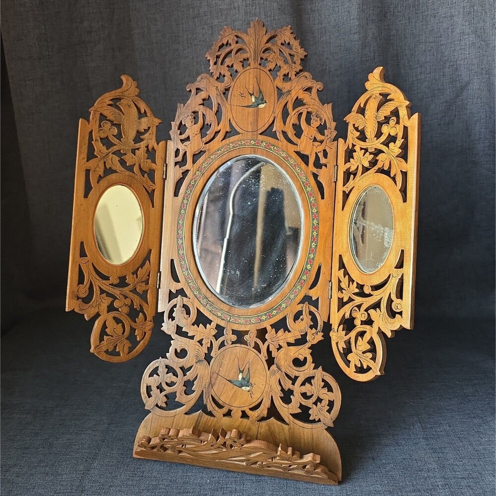 19th C Italian Sorrento Wood Triptych Folding Marquetry Inlay Micromosaic Mirror